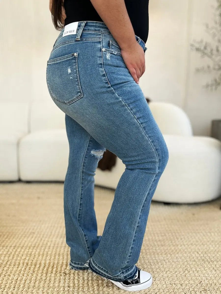 Judy Blue Full Size Mid Rise Destroyed Hem Distressed Jeans - Love Salve
